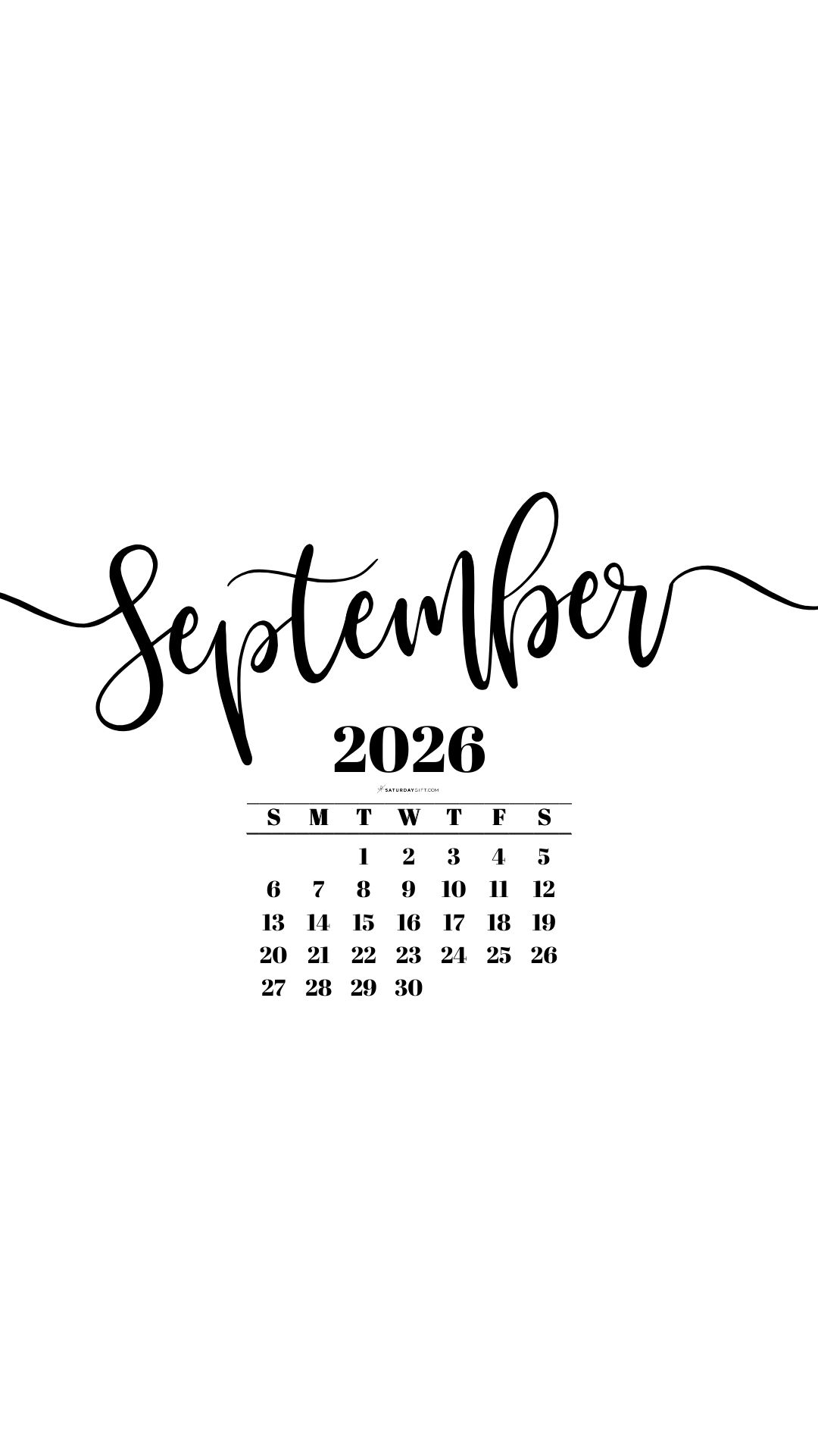 September 2026 Phone Background Wallpaper - White | SaturdayGift