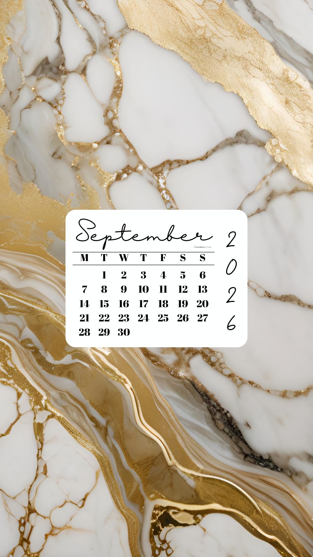 September 2026 Phone Wallpaper Background - Gold Marble | SaturdayGift