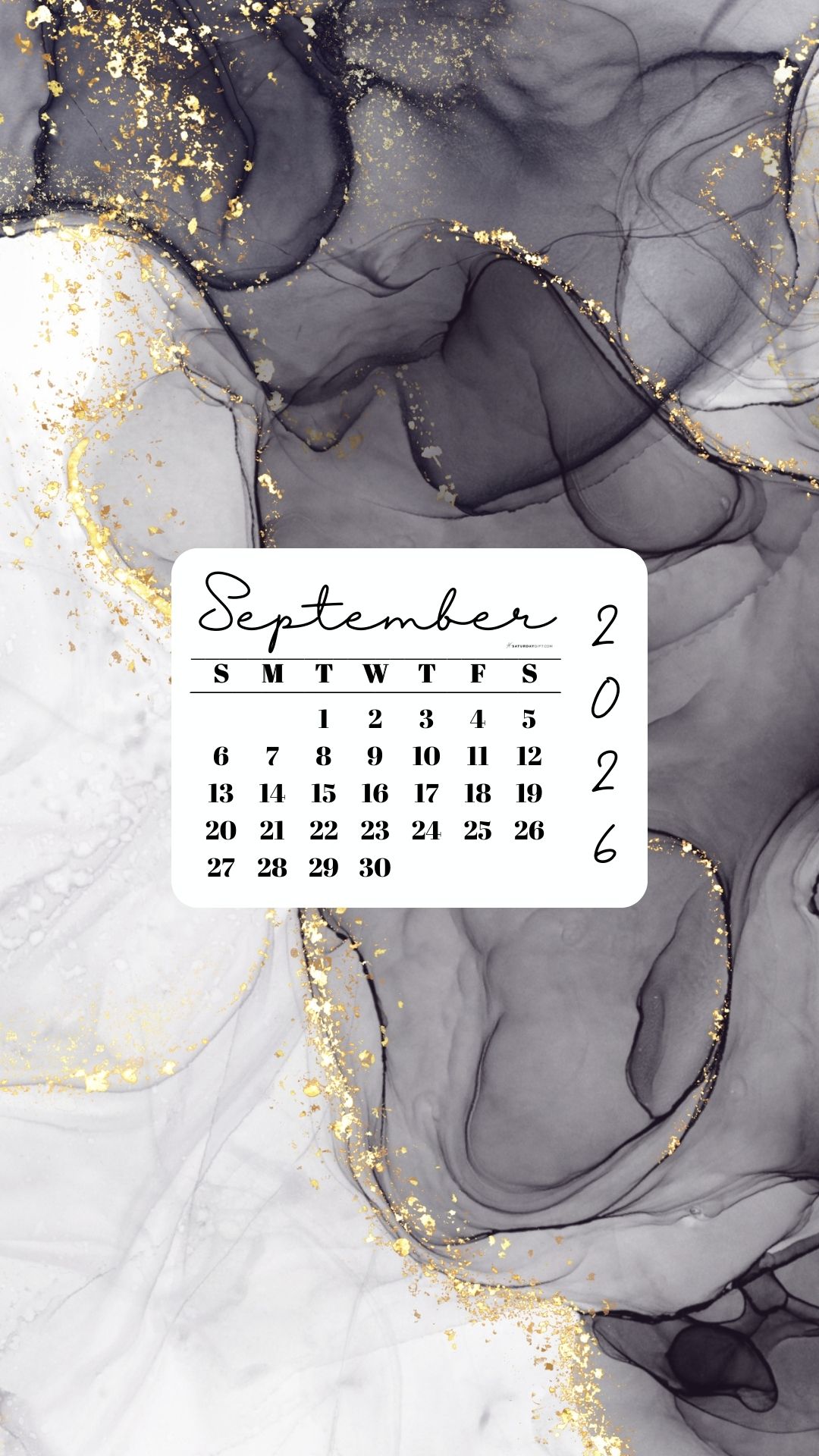 September 2026 Phone Wallpaper Background - Grey & Gold | SaturdayGift