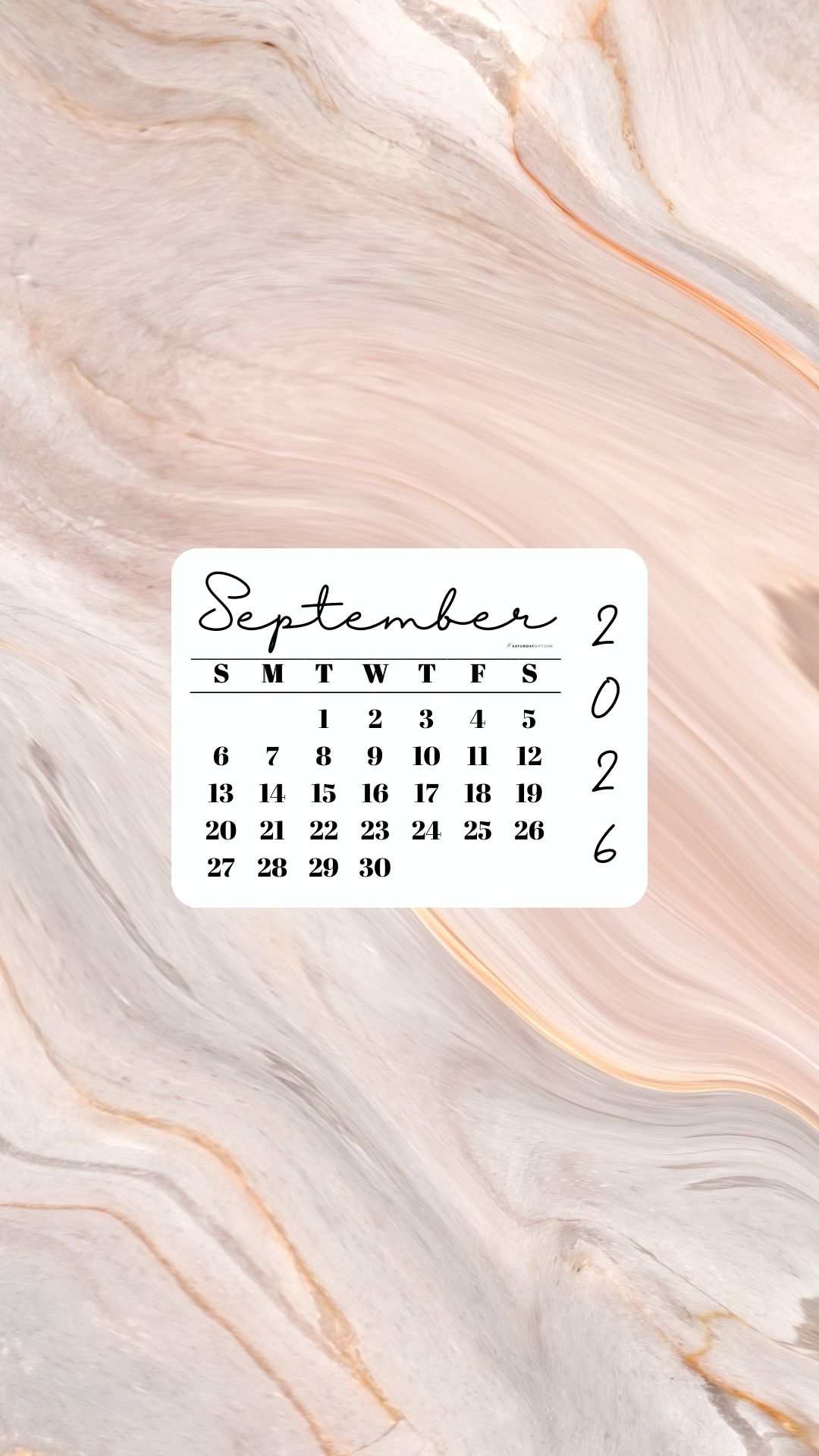 September 2026 Phone Wallpaper Background - Peach Marble | SaturdayGift