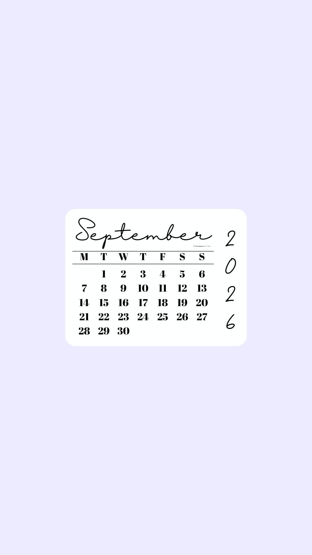 September 2026 Phone Wallpaper Background - Simple Lilac | SaturdayGift