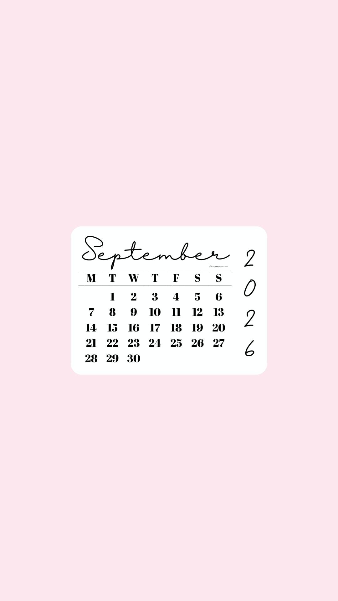 September 2026 Phone Wallpaper Background - Simple Pink | SaturdayGift