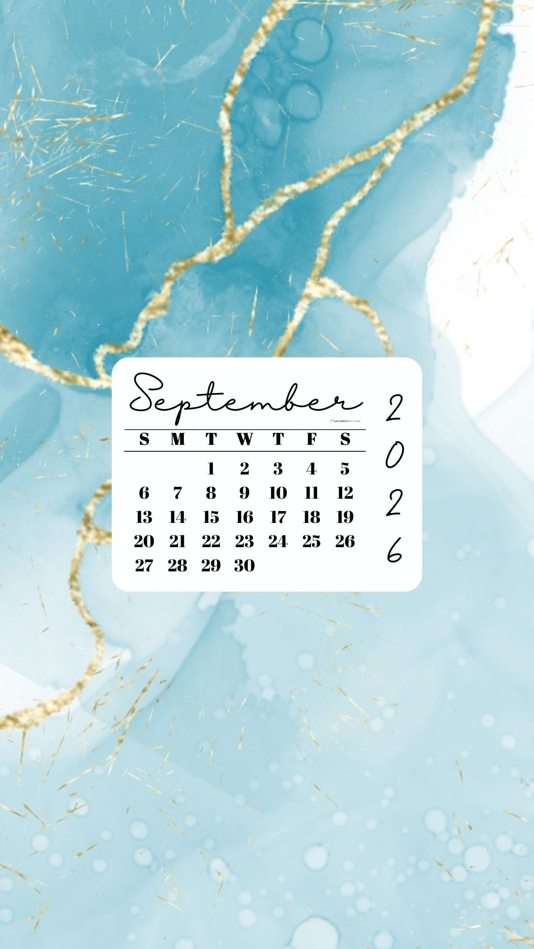 September 2026 Phone Wallpaper Background - Turquoise Marble | SaturdayGift