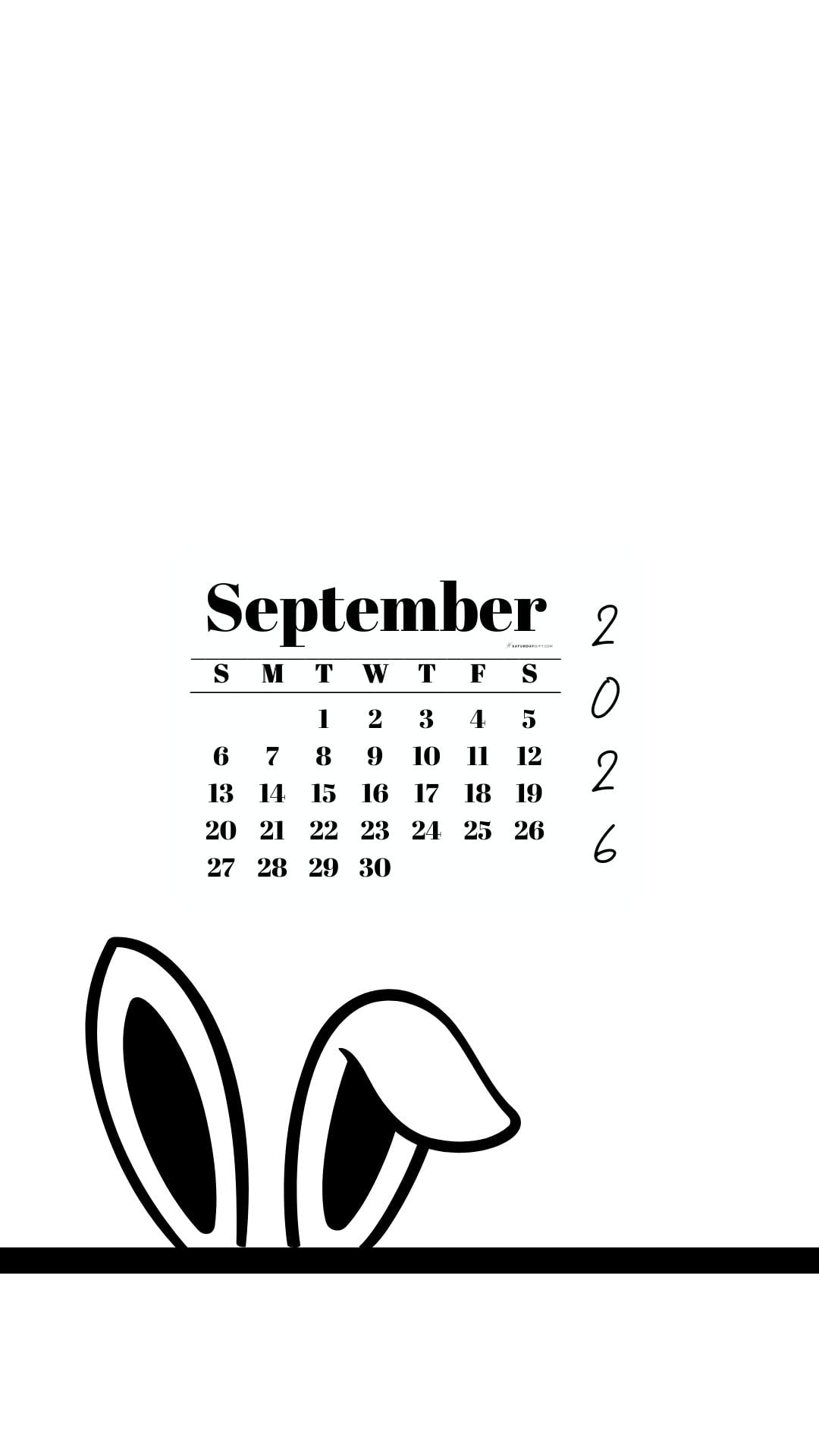 September 2026 Wallpaper for Phone - Shy Bunny | SaturdayGift