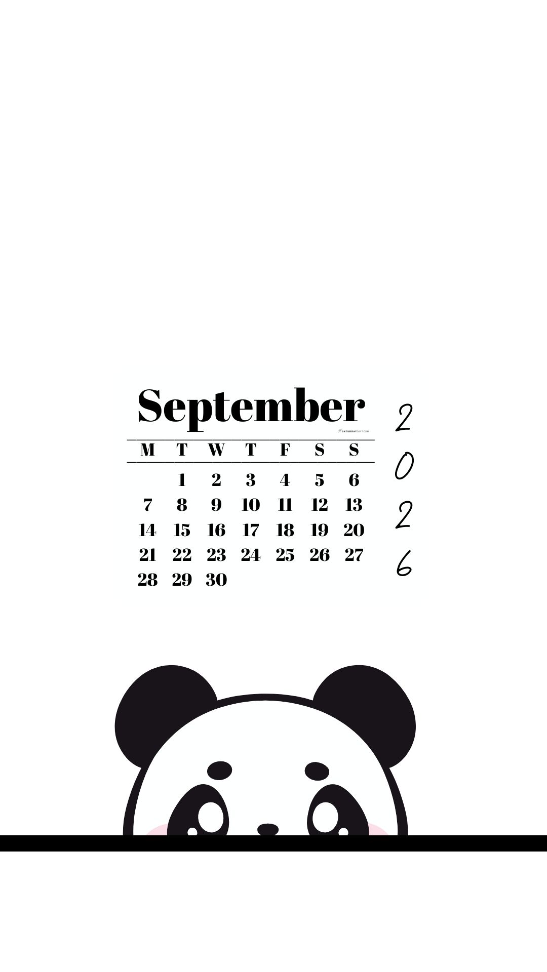September 2026 Wallpaper for Phone - Shy Panda | SaturdayGift
