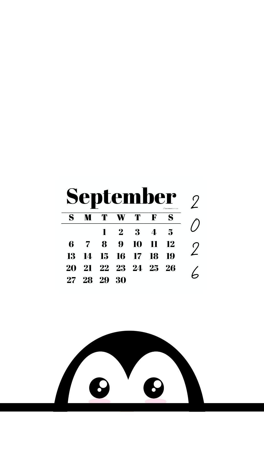 September 2026 Wallpaper for Phone - Shy Penguin | SaturdayGift