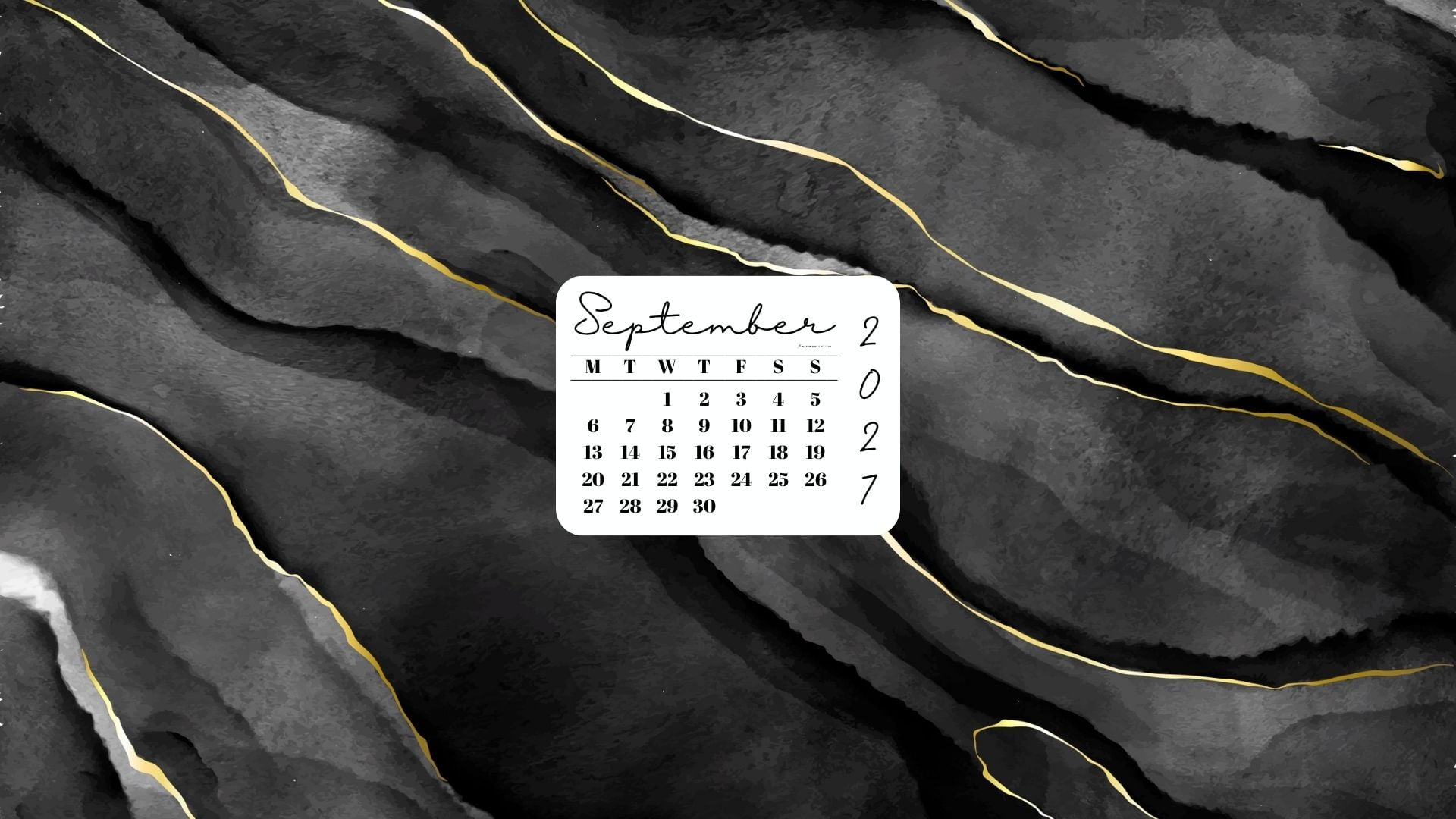 September 2027 Desktop Wallpaper Background - Black & Gold Watercolor | SaturdayGift