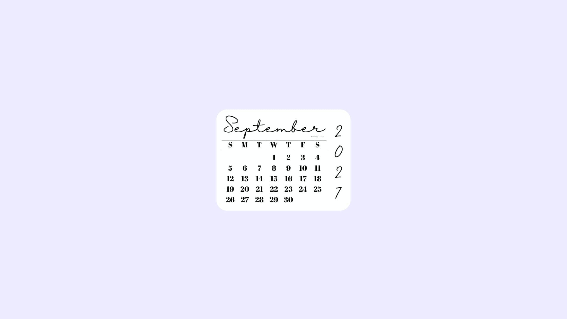 September 2027 Desktop Wallpaper Background - Simple Lilac | SaturdayGift