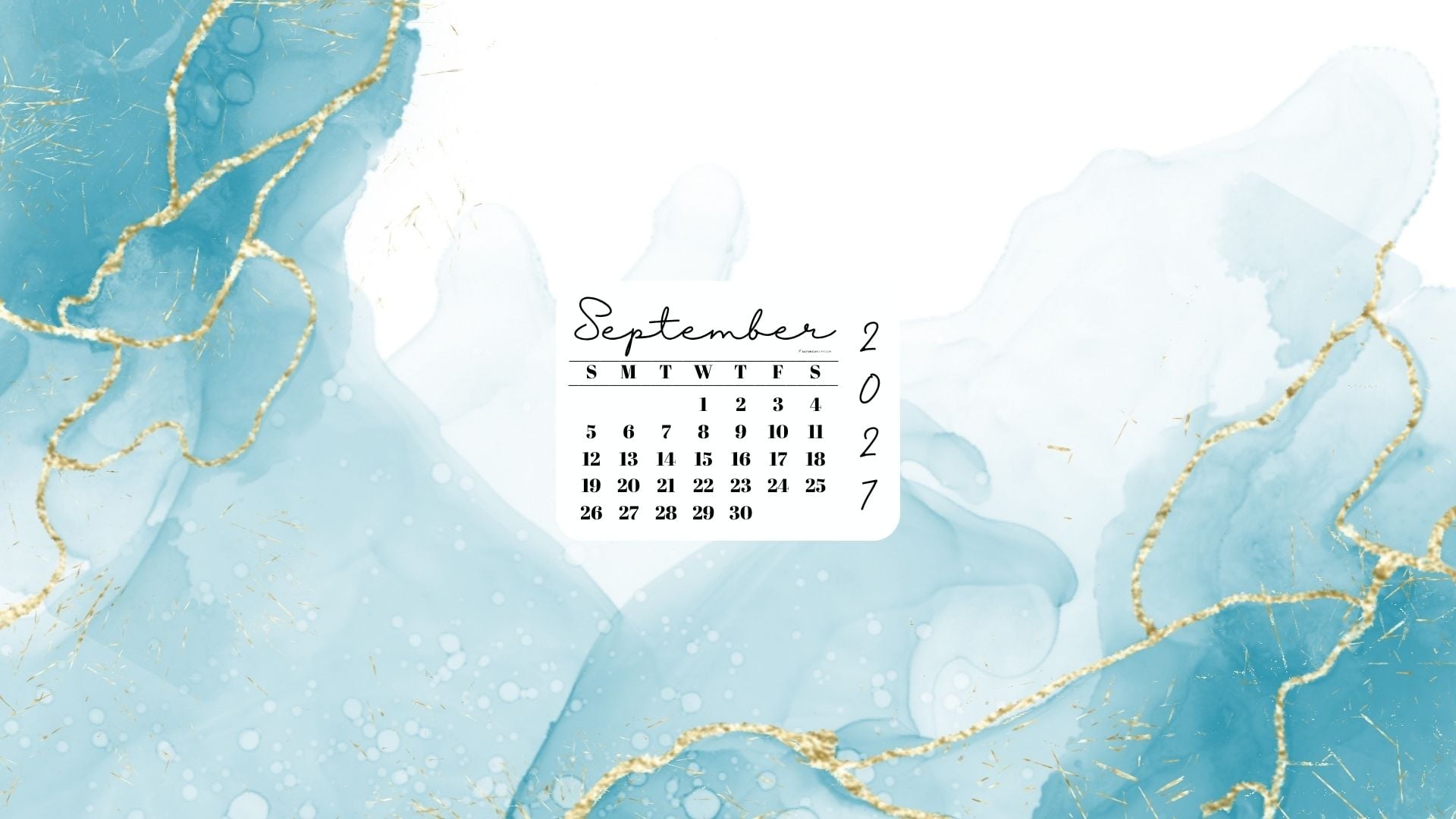 September 2027 Desktop Wallpaper Background - Turquoise Marble | SaturdayGift