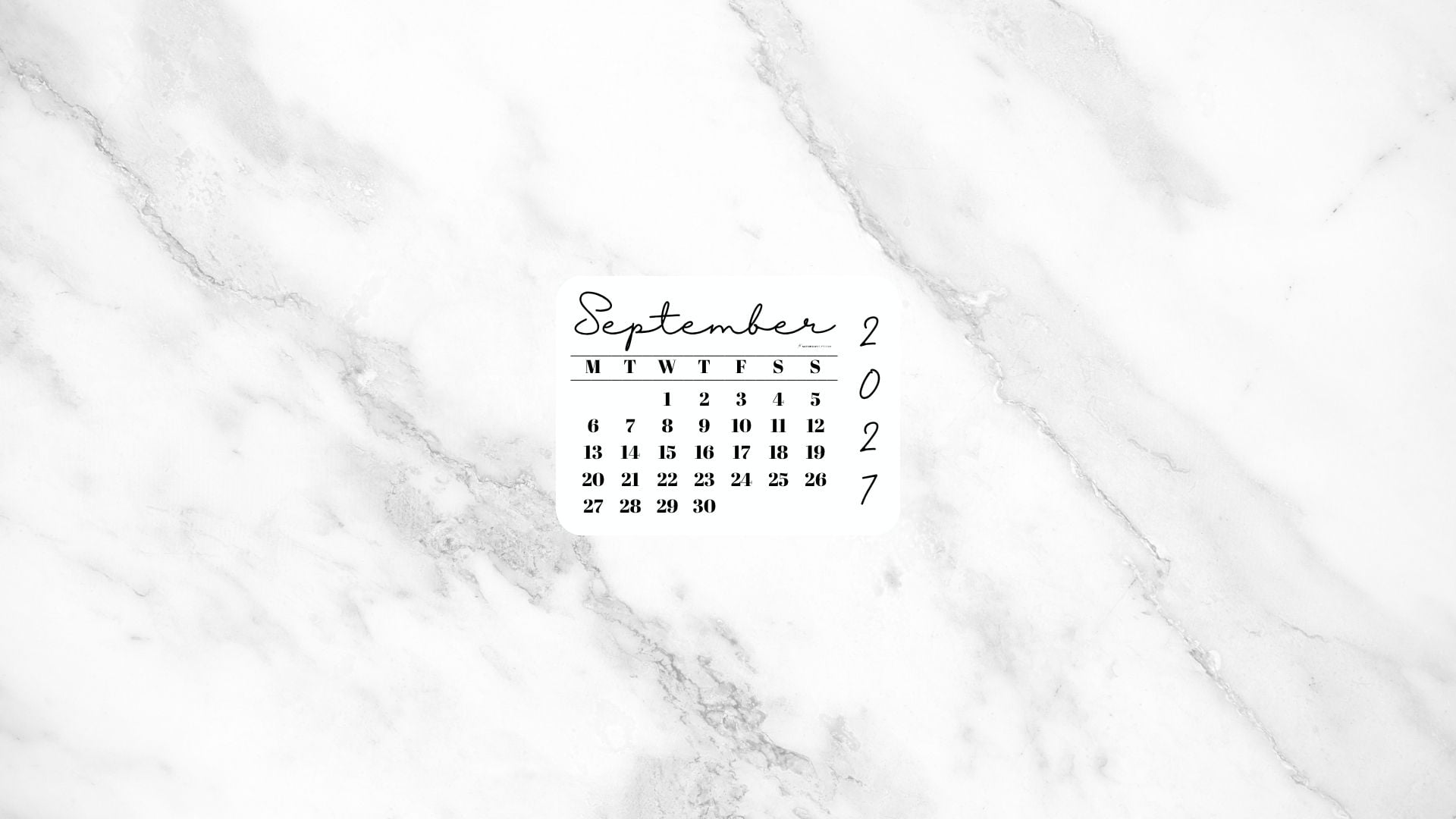 September 2027 Desktop Wallpaper Background - White Marble | SaturdayGift