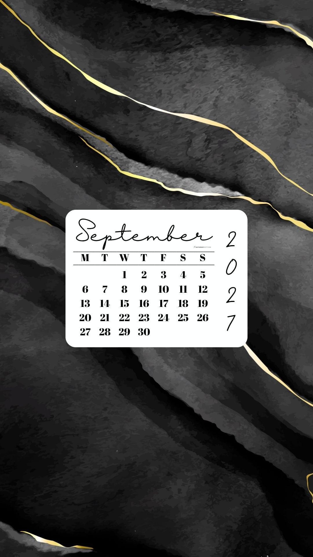 September 2027 Phone Wallpaper Background - Black & Gold Watercolor | SaturdayGift