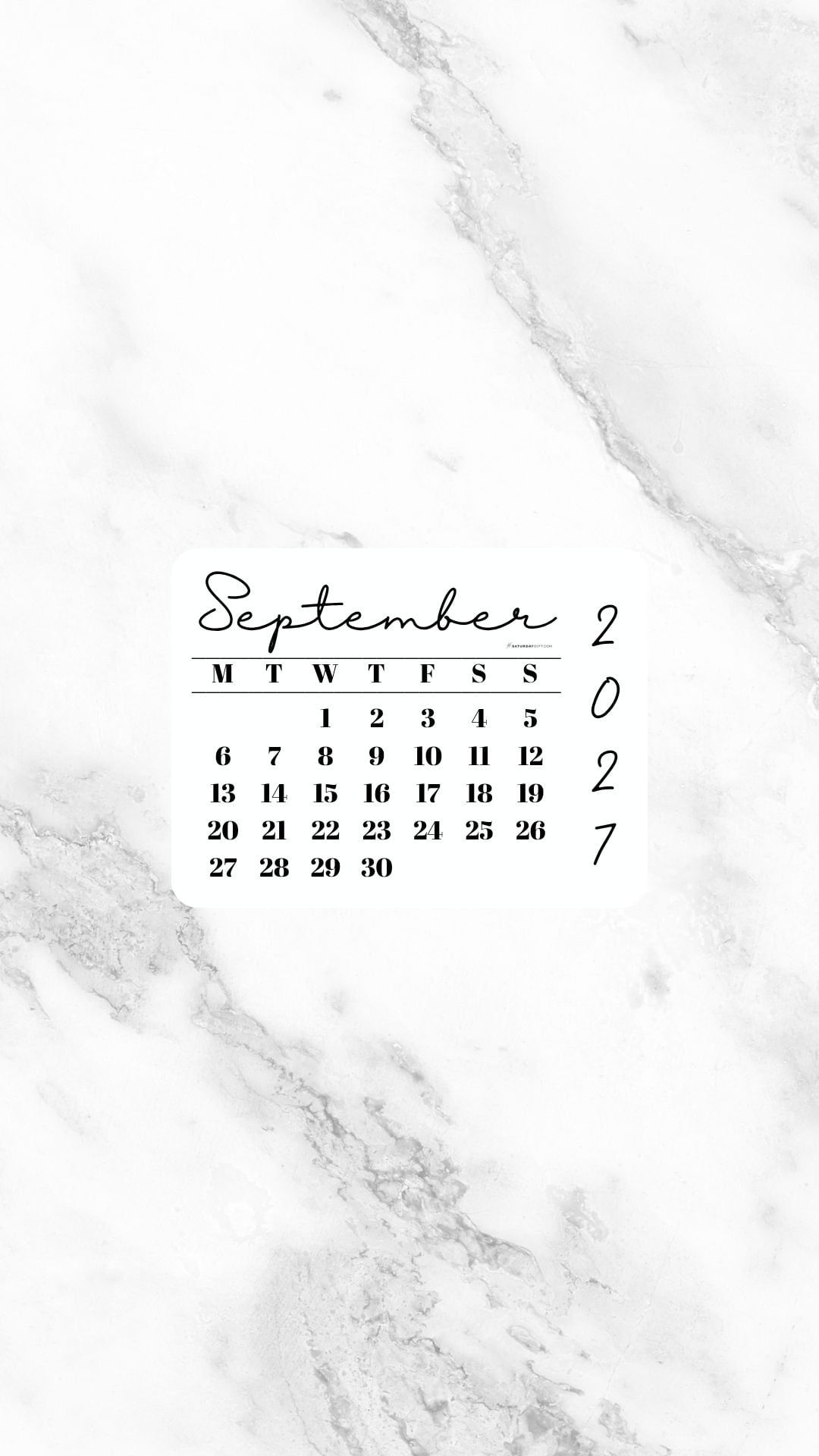 September 2027 Phone Wallpaper Background - White Marble | SaturdayGift