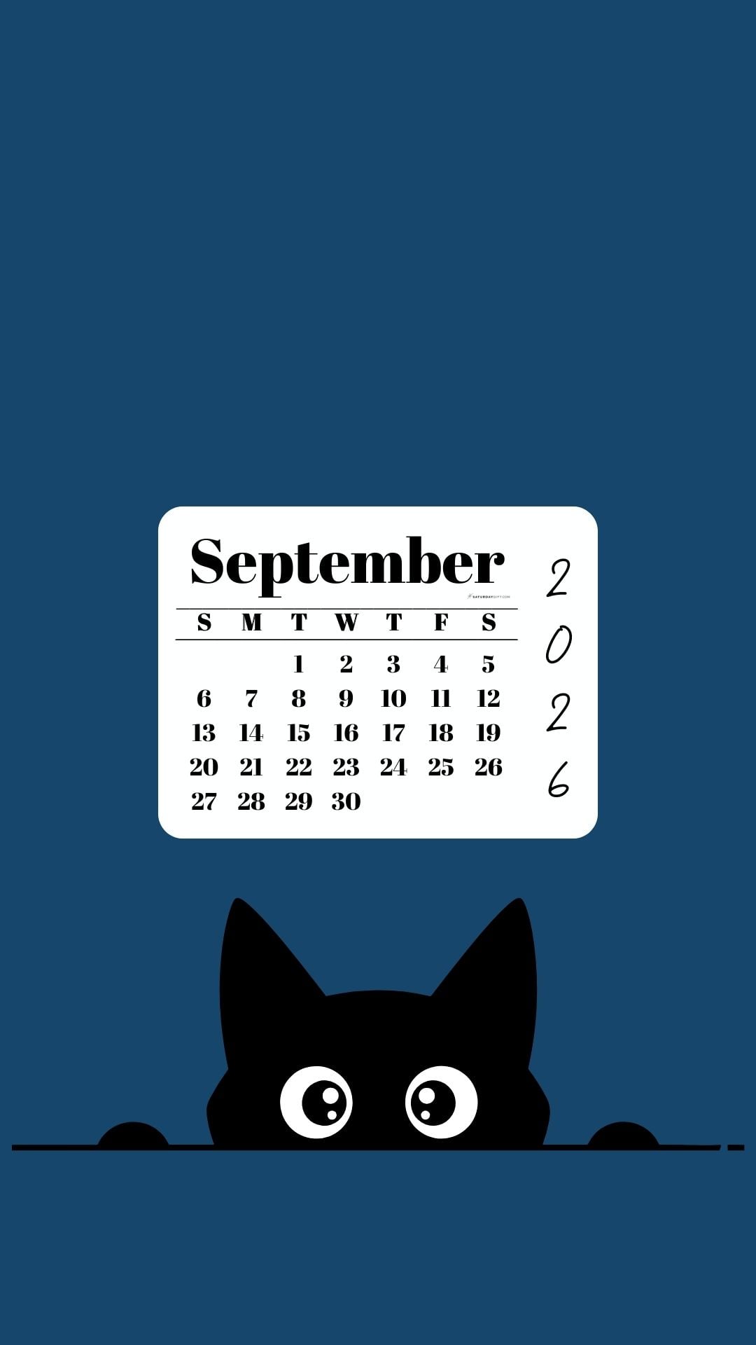 September Calendar 2026 Phone Background - Shy Cat Blue | SaturdayGift