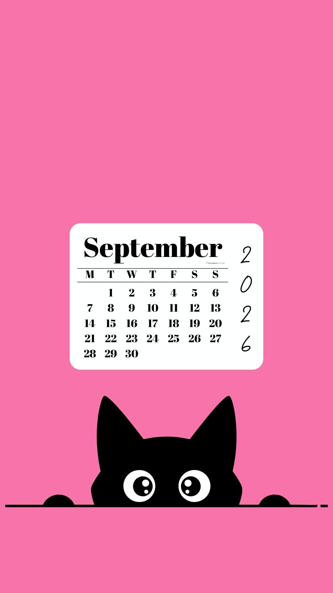 September Calendar 2026 Phone Background - Shy Cat Pink | SaturdayGift