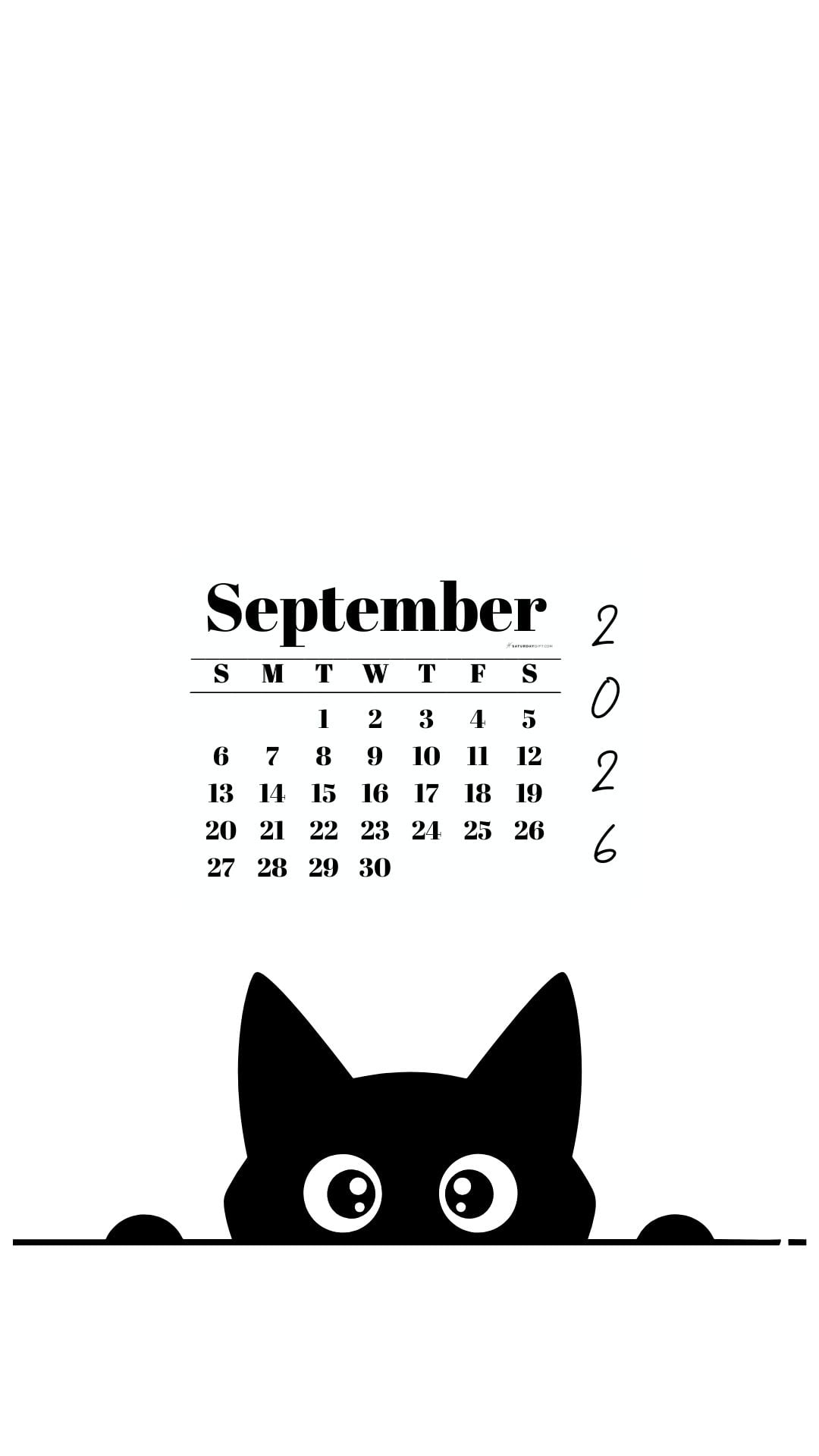 September Calendar 2026 Phone Background - Shy Cat White | SaturdayGift