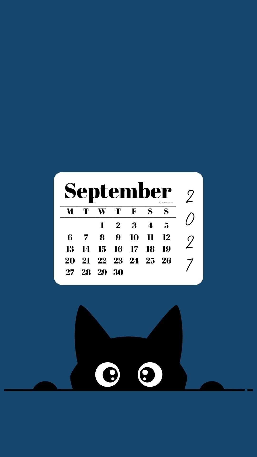 September Calendar 2027 Phone Background - Shy Cat Blue | SaturdayGift