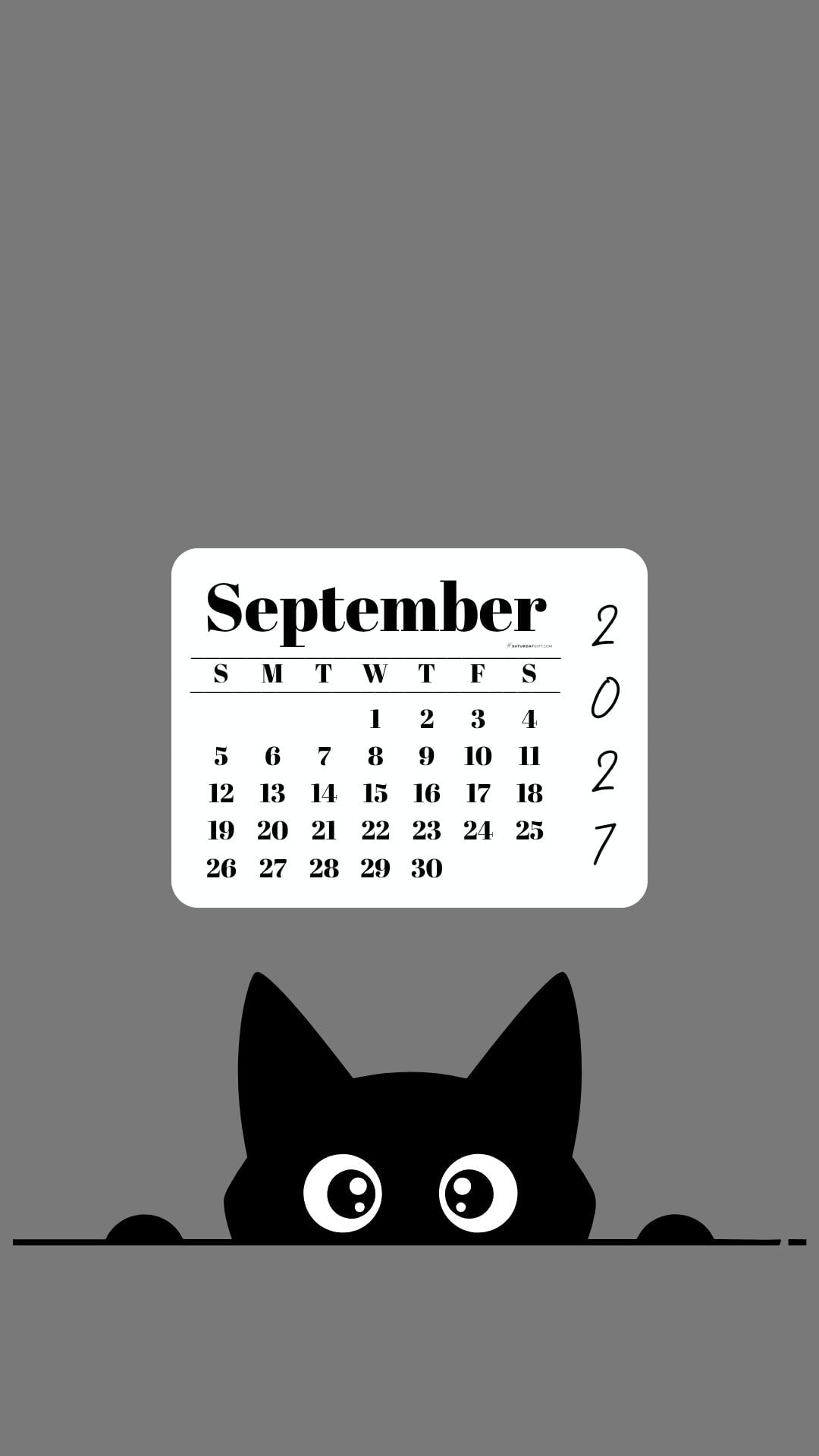 September Calendar 2027 Phone Background - Shy Cat Grey | SaturdayGift