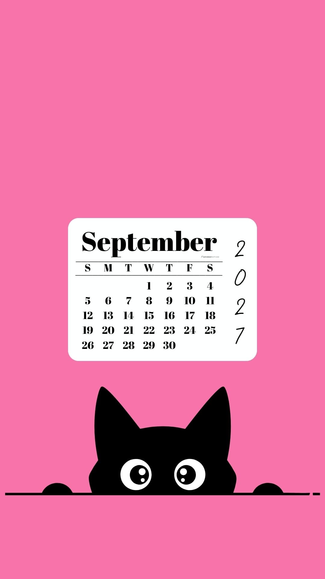 September Calendar 2027 Phone Background - Shy Cat Pink | SaturdayGift