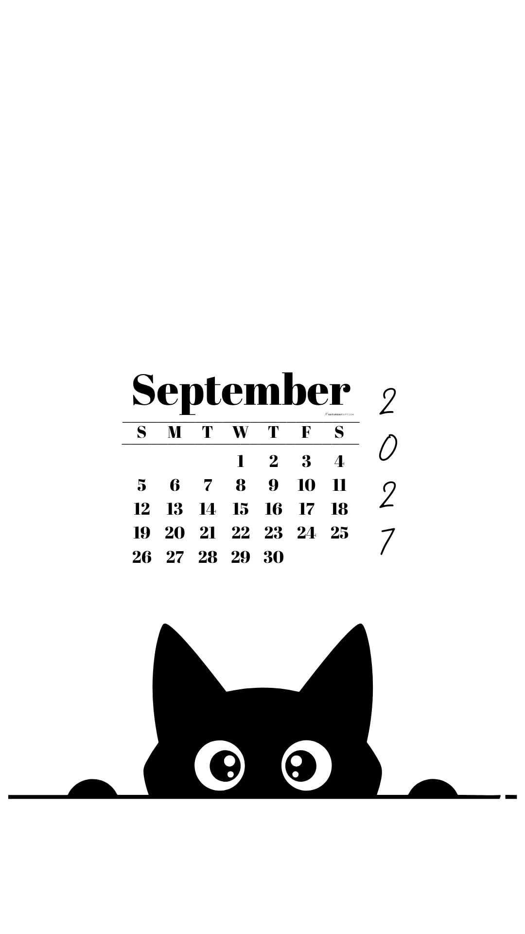 September Calendar 2027 Phone Background - Shy Cat White | SaturdayGift