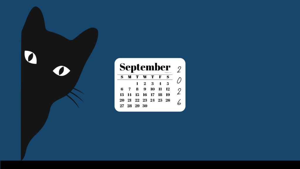 September Desktop Wallpaper 2026 - Black Cat Blue Background | SaturdayGift