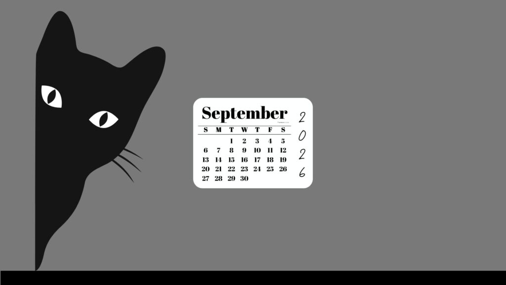 September Desktop Wallpaper 2026 - Black Cat Grey Background | SaturdayGift