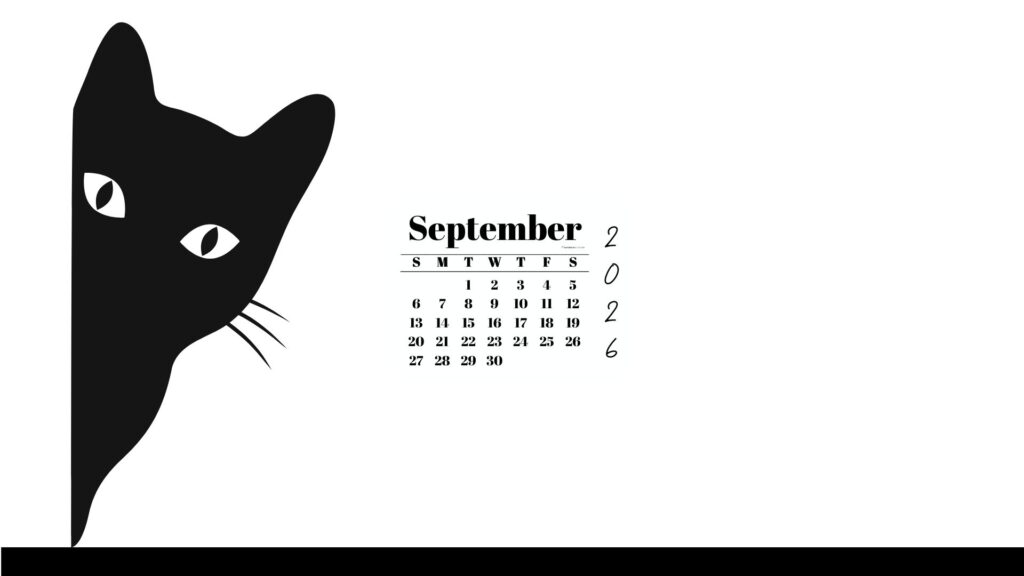 September Desktop Wallpaper 2026 - Black Cat White Background | SaturdayGift