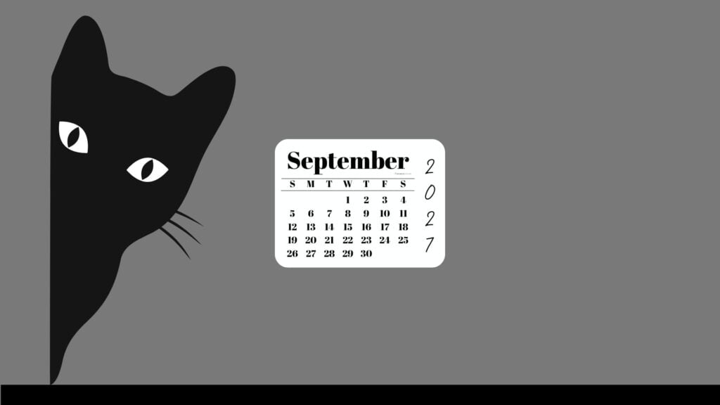 September Desktop Wallpaper 2027 - Black Cat Grey Background | SaturdayGift