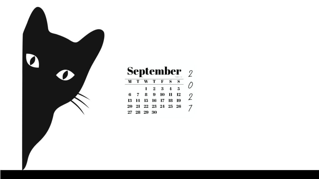 September Desktop Wallpaper 2027 - Black Cat White Background | SaturdayGift