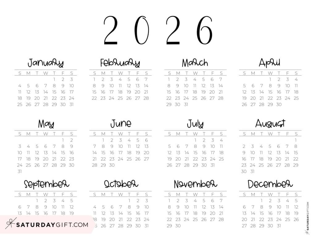 Simple 2026 Year at a Glance Calendar Landscape Sunday-start | SaturdayGift