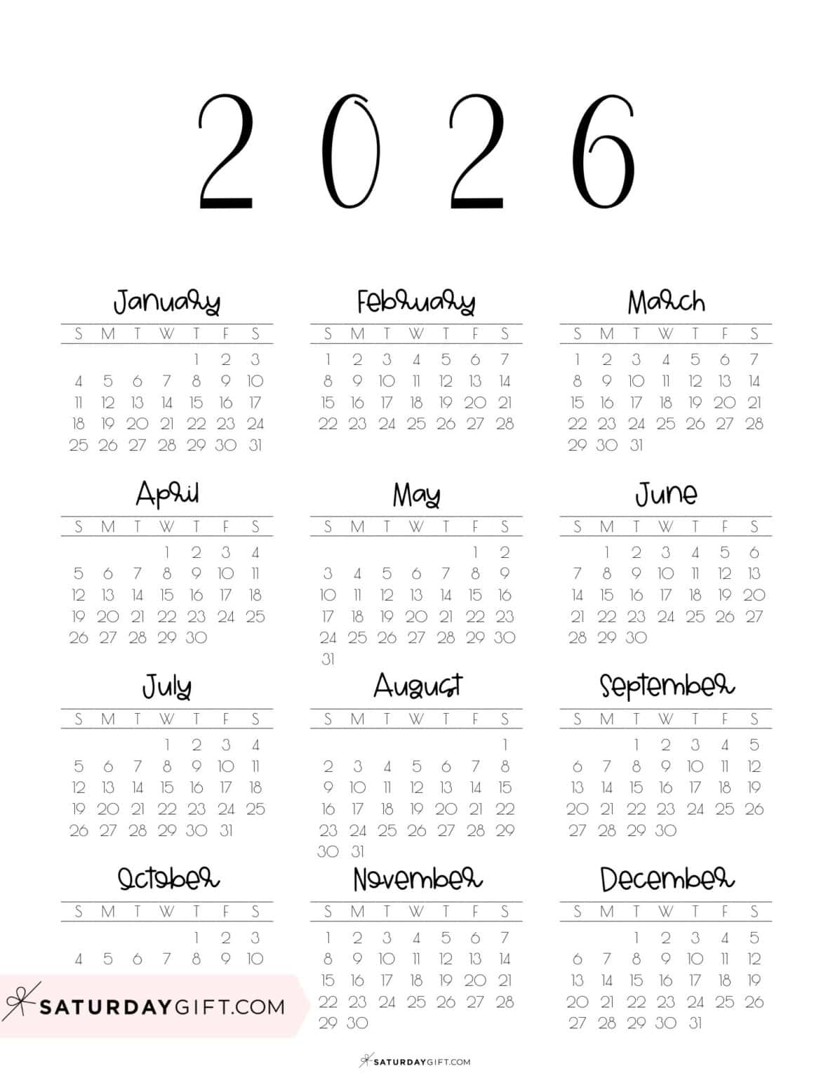 2026 Yearly Calendar Printable - 35 Cute &amp; Free 2026 Annual Calendars