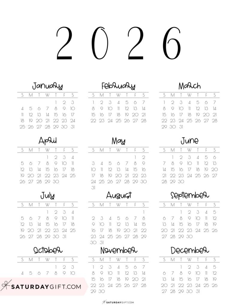Simple 2026 Year at a Glance Calendar Portrait Sunday-start | SaturdayGift