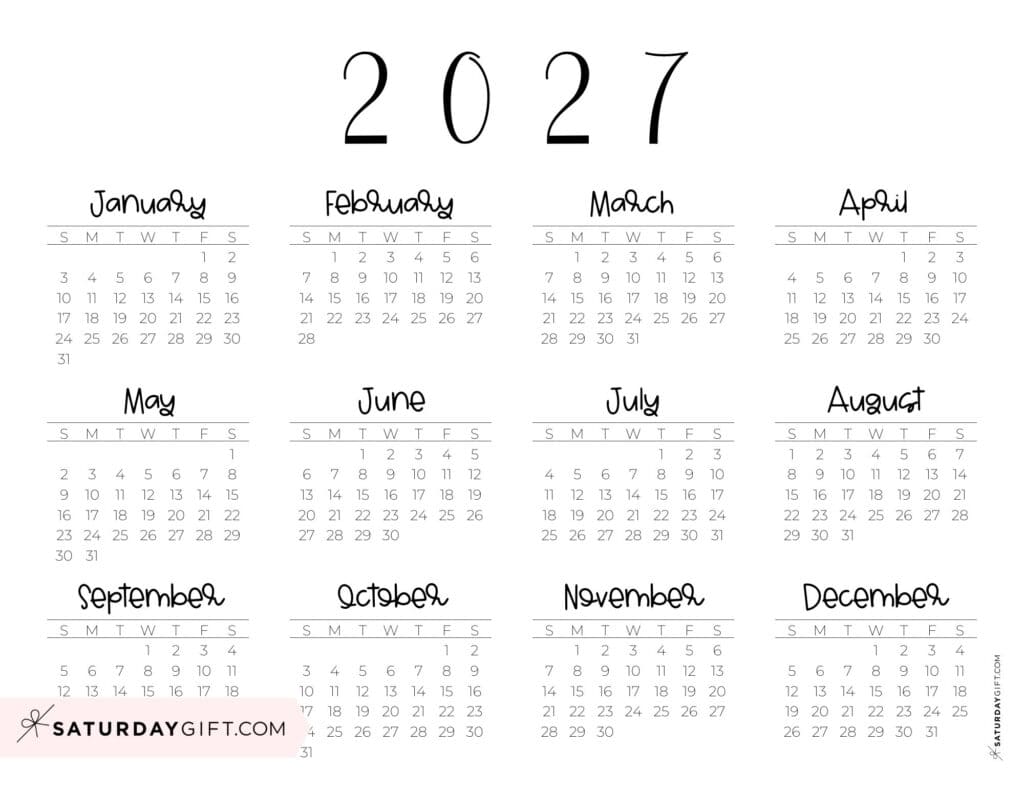 Simple 2027 Year at a Glance Calendar Landscape Sunday-start