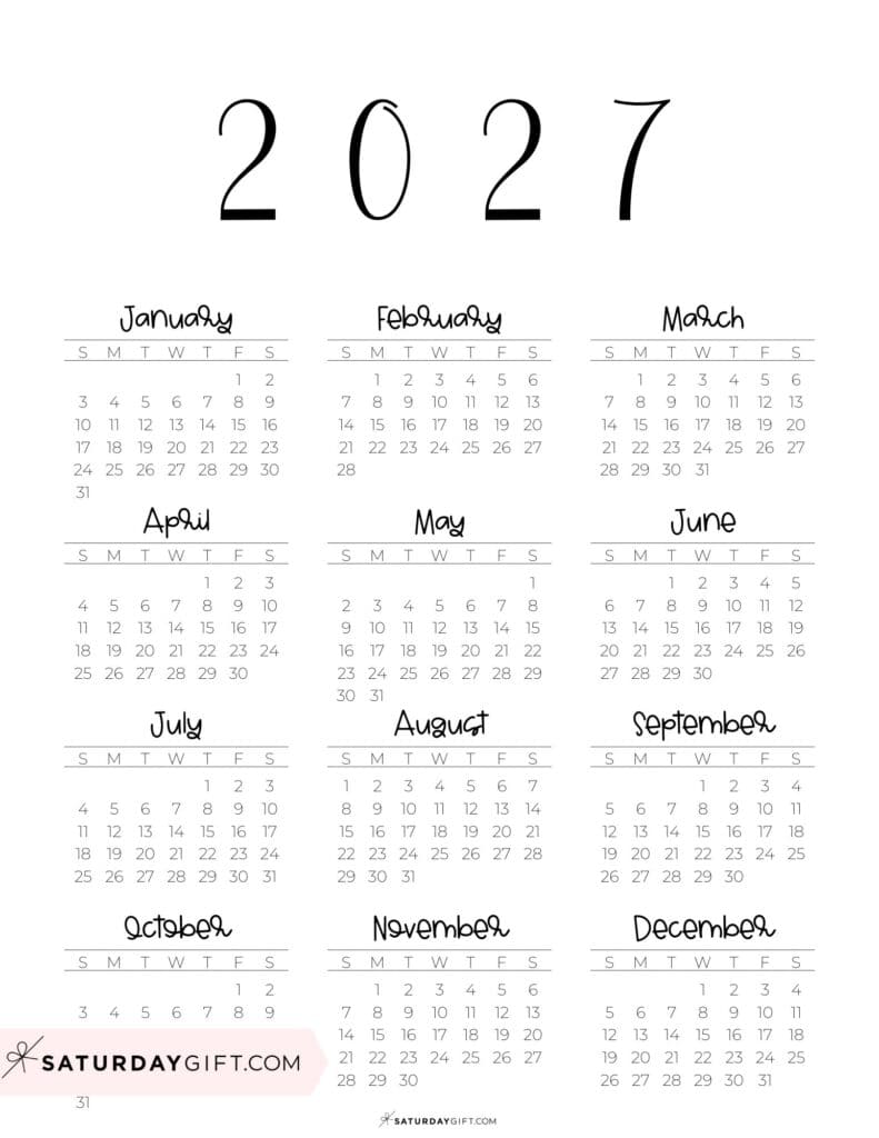 Simple 2027 Year at a Glance Calendar Portrait Sunday-start