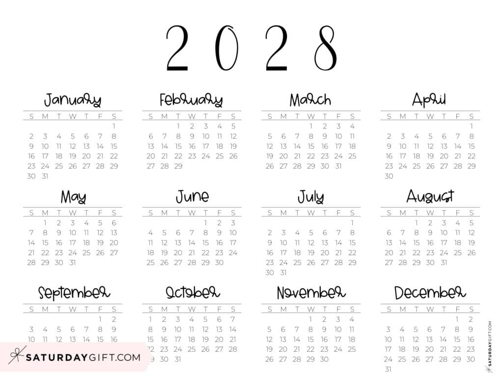 Simple 2028 Year at a Glance Calendar Landscape Sunday-start