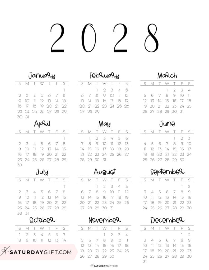 Simple 2028 Year at a Glance Calendar Portrait Sunday-start