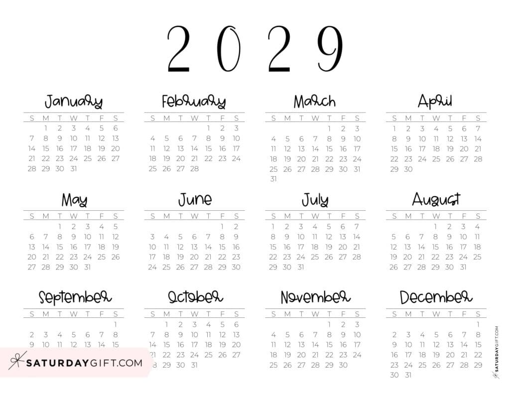 Simple 2029 Year at a Glance Calendar Landscape Sunday-start
