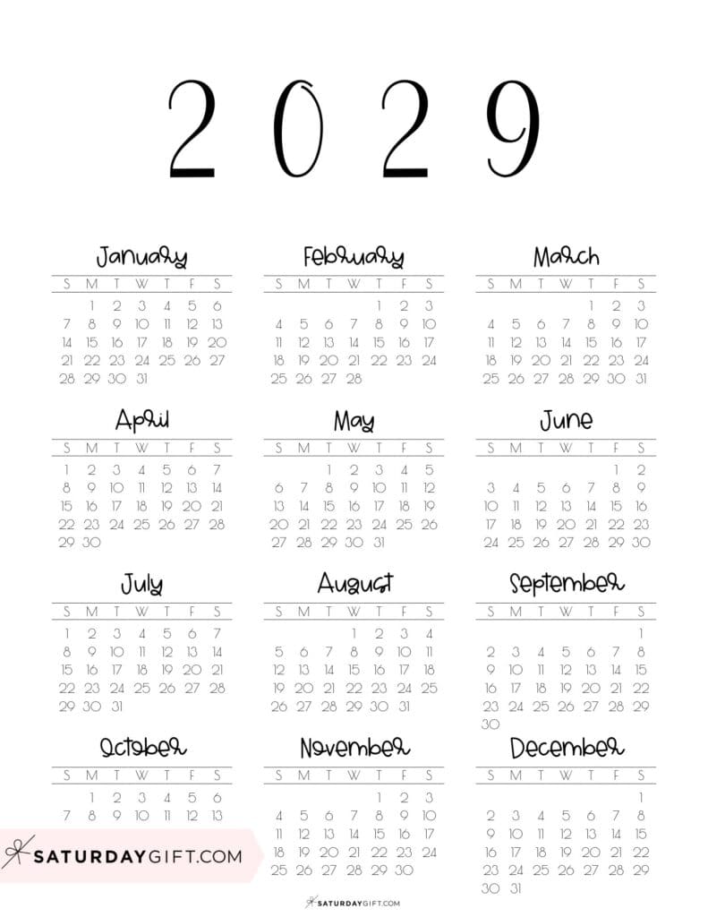 Simple 2029 Year at a Glance Calendar Portrait Sunday-start