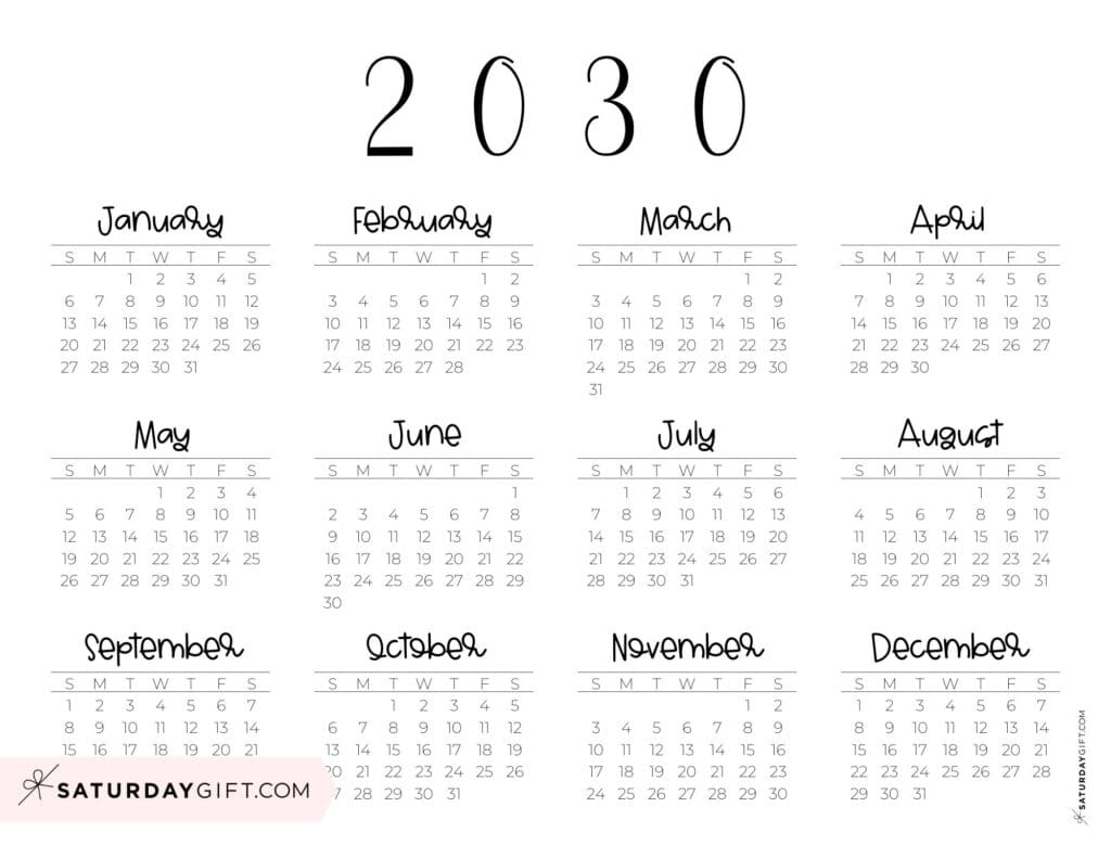 Simple 2030 Year at a Glance Calendar Landscape Sunday-start