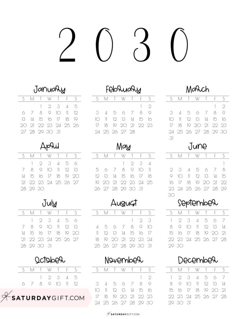 Simple 2030 Year at a Glance Calendar Portrait Sunday-start