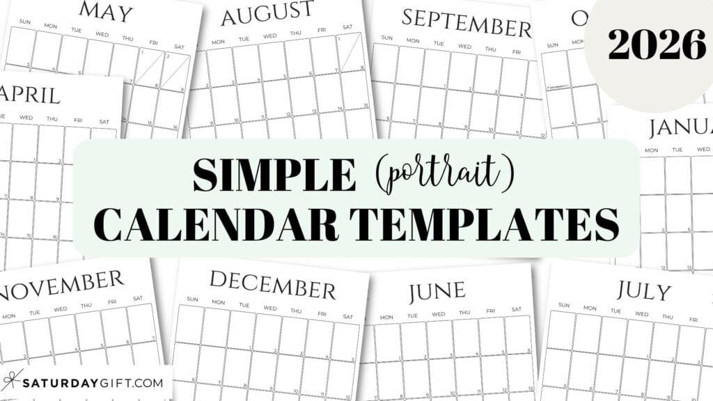 Simple calendar templates 2026 portrait free printables by SaturdayGift