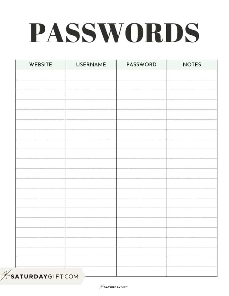 Password Tracker Printable 15 - Simple Password Tracker Free Printable SaturdayGift 768x994 