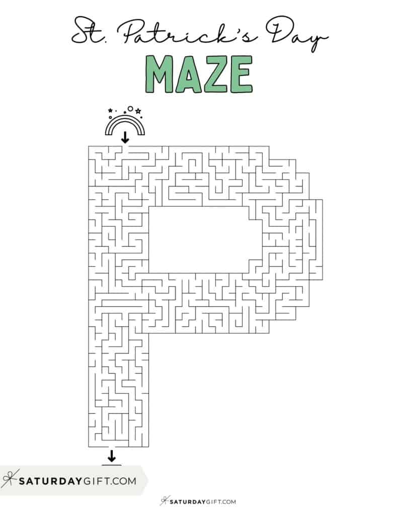St Patrick's Day maze printable letter P shaped puzzle