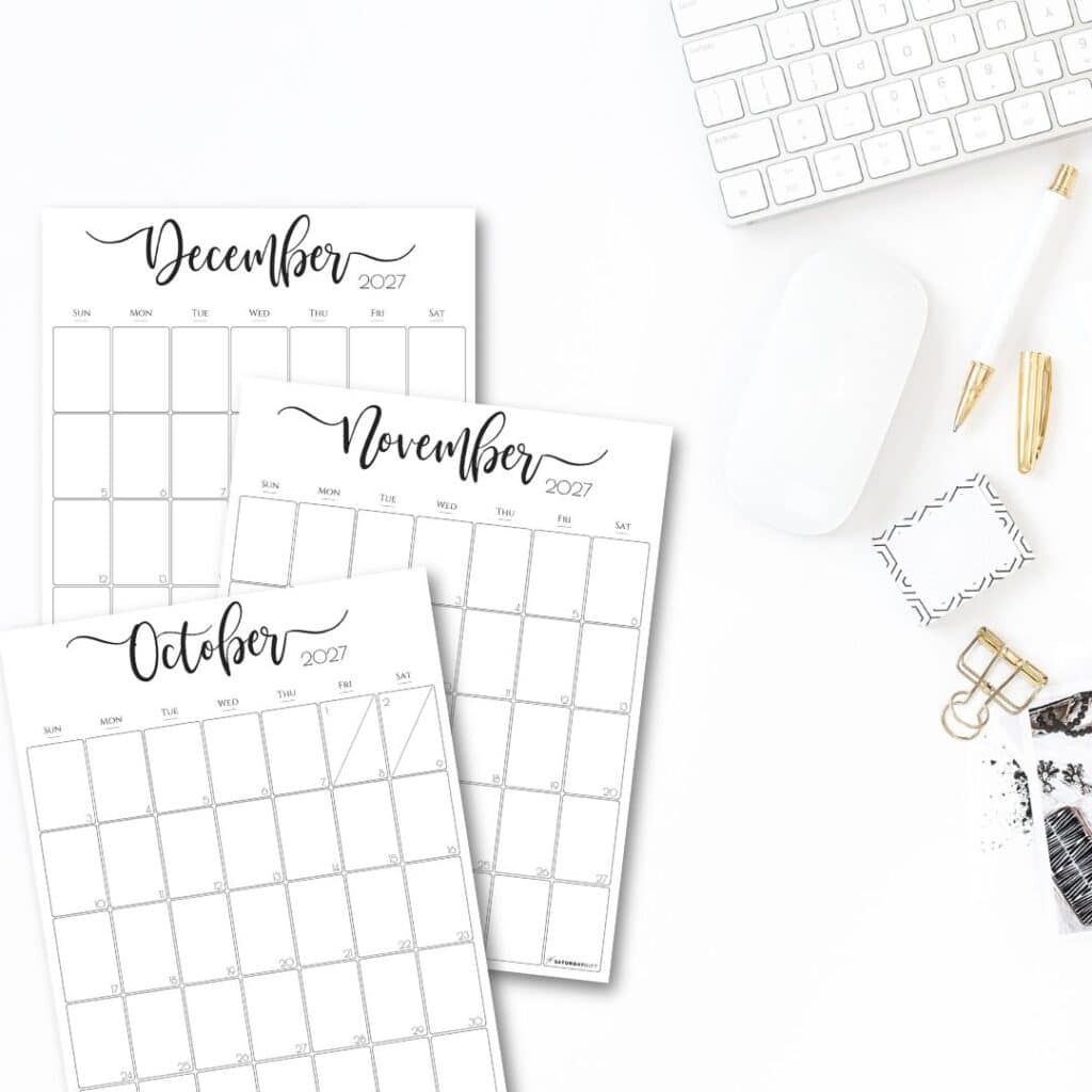 Stylish black and white calendar printables 2027 by SaturdayGift