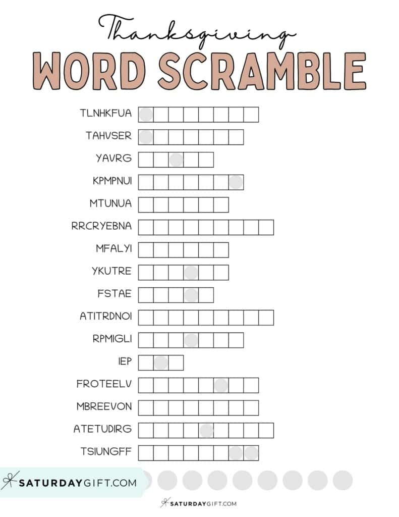 Thanksgiving word scramble printable puzzle