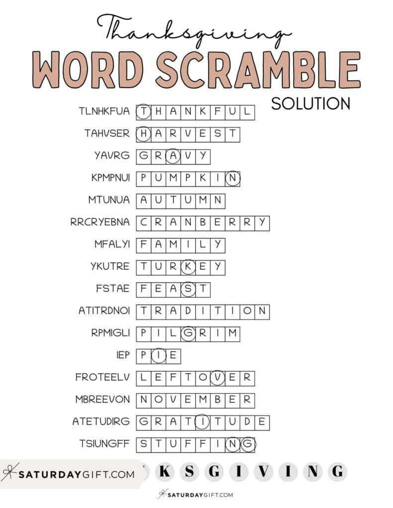 Thanksgiving word scramble printable puzzle with solution