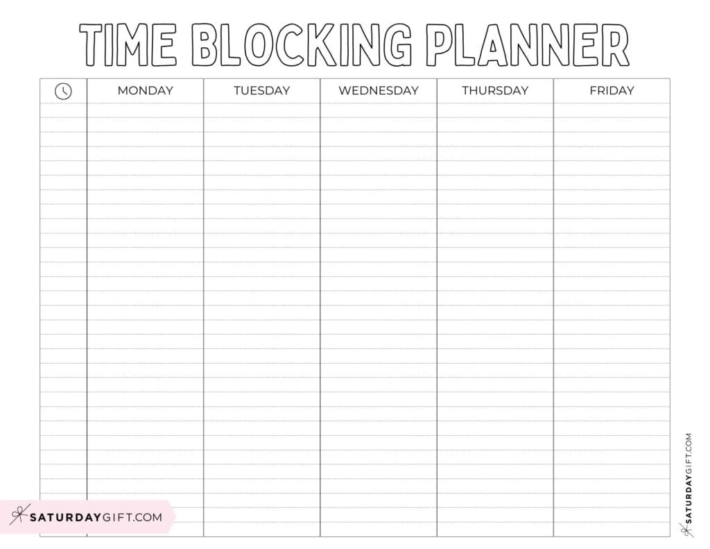 Time Blocking Planner Landscape - Black & White - Free Printable | SaturdayGift