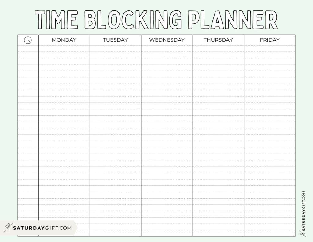 Time Blocking Planner Landscape - Green - Free Printable | SaturdayGift