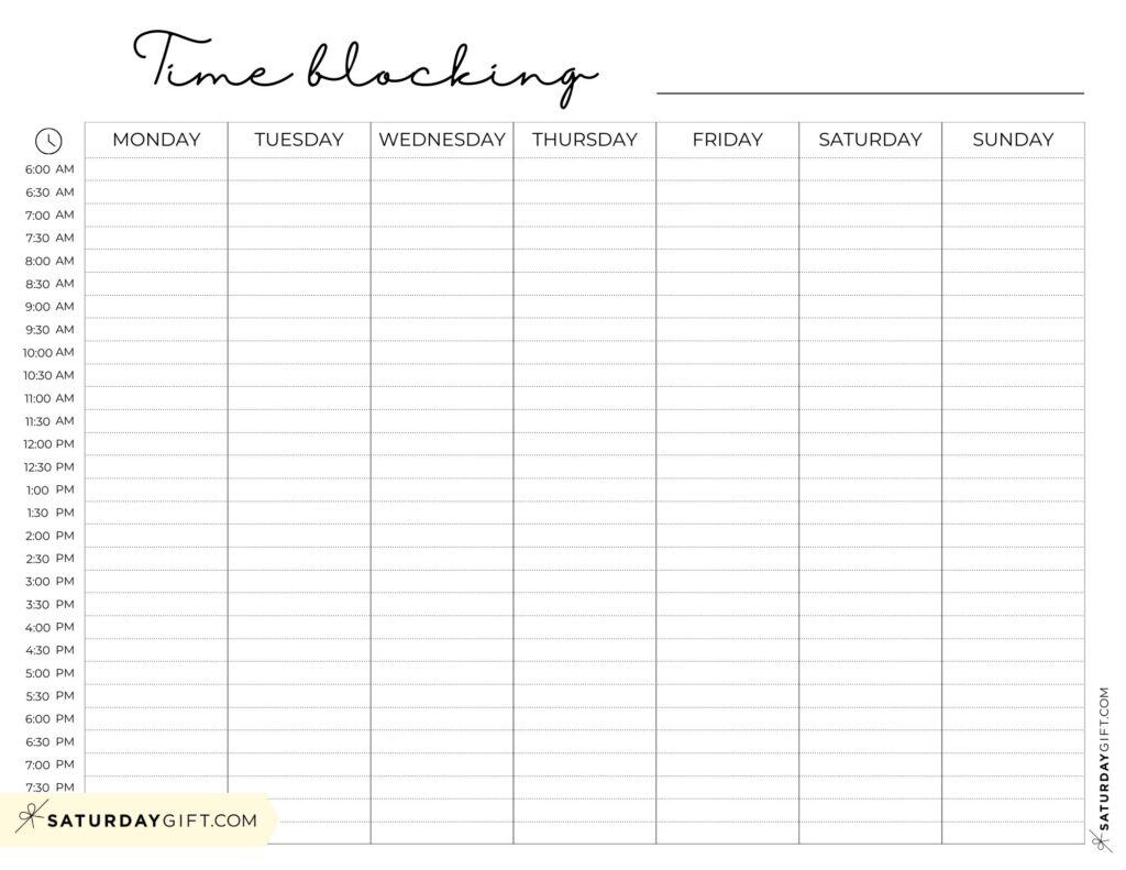 Time Blocking Planner Sheet with Hourly Schedule Monday-Sunday AM & PM | SaturdayGift