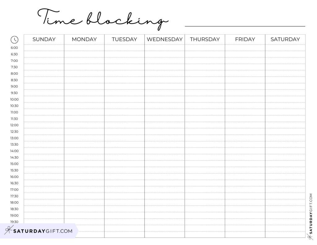 Time Blocking Planner Sheet with Hourly Schedule Sunday-Saturday | SaturdayGift