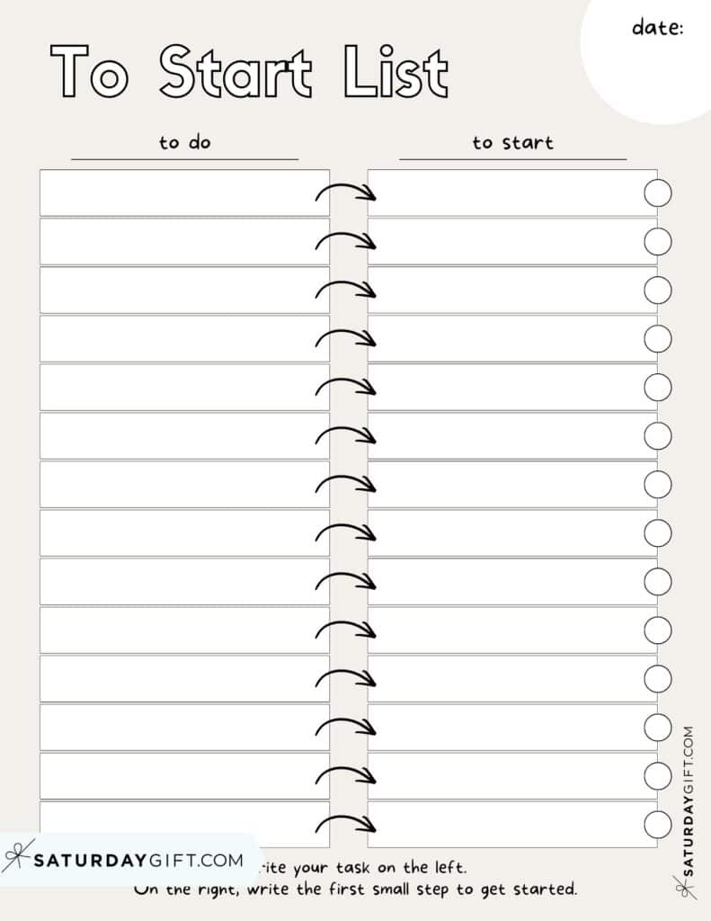 To Start List Printable &ndash; Neutral Minimal Productivity Starter List with Date | SaturdayGift